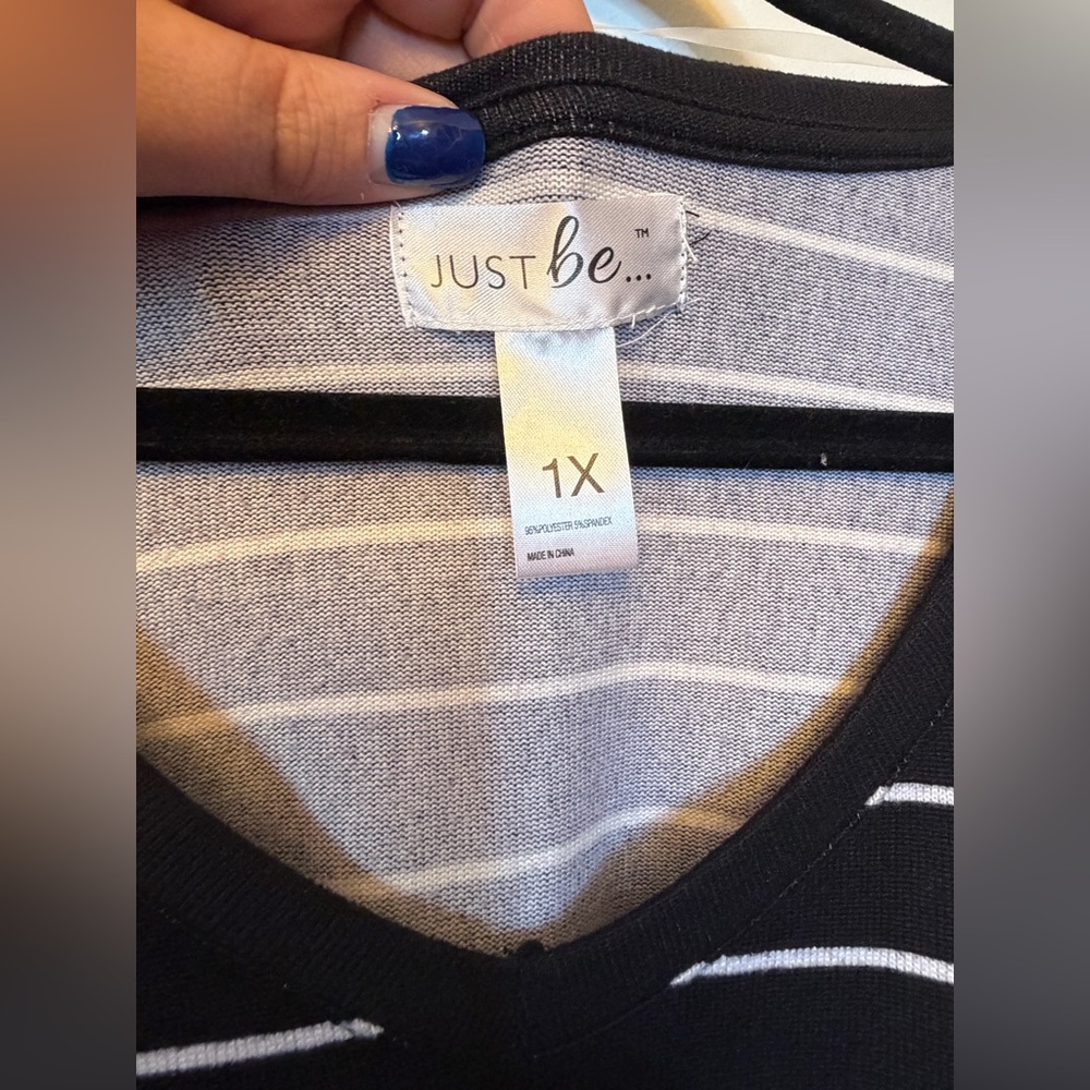 Just Be 1X Black and White Striped Short Sleeve Tee - Picture 4 of 6